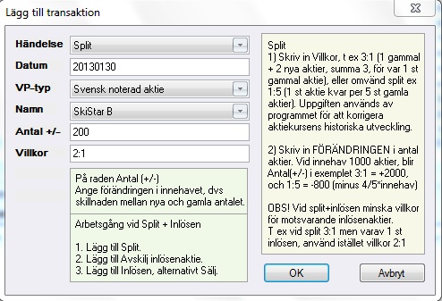 Portföljen - Lägg till transaktion - Split